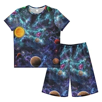 Image of Anantty Boys Pyjamas Set Galaxy Space Planet Short PJs Nightwear Summer Sleeve Sets for Kids Child Teenagers Multicolor