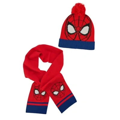 Image of ONOMATO! Spider Man Boys Kids Winter Set Bobble Hat + Scarf, red, regulär