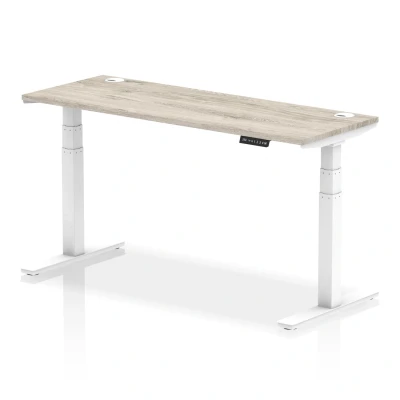 Image of Air 1600x600mm Height Adjustable Desk Grey Oak Cable Ports White Leg