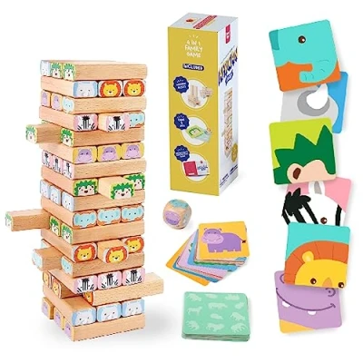 Image of Nene Toys Wooden Block Stacking Game 4 in 1 Tumble Tower Family Board with Building Blocks, Cards and Dice African Safari Educational Toy for Kids 3 9 Years Old about Animals