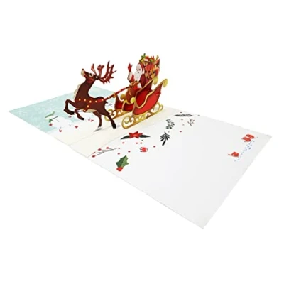 Image of Christmas 3D Pop Up Card Card, Handmade Greeting for New Year, Holiday Friends Family (Santa Sleigh &amp; Reindeer)