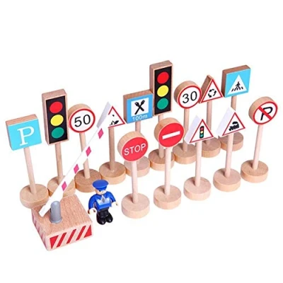 Image of Ruluti 16Pcs Toy Road Signs Wooden Traffic for Kids Mini Electric Lights Children Play Educational Toys