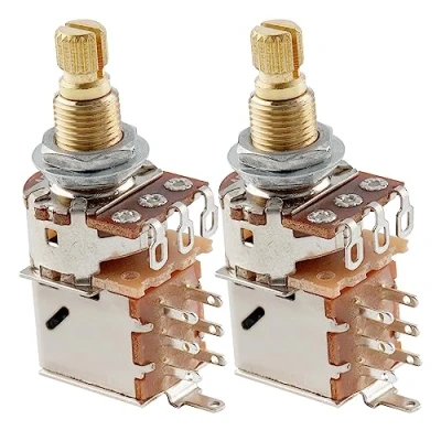 Image of Musiclily Pro Brass Full Metric Size A500K Push/Pull Guitar Potentiometer Split Shaft Control Pots Audio Taper for Electric Bass(Set of 2)
