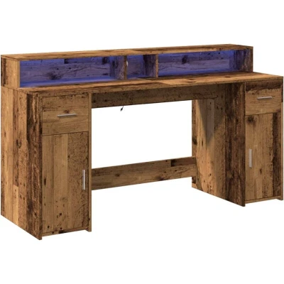 Image of vidaXL Desk with LED Lights for Office/Gaming Old Wood Engineered 160x55x91 cm Ample Storage Modern RGB Lighting