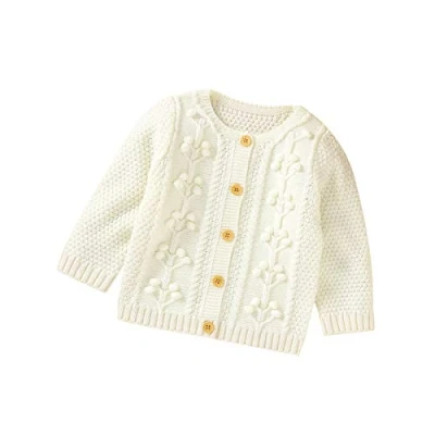 Image of DovFanny Baby Boys Girls Sweater Knit Solid Color Cardigan Outwear Knitwear Newborn Winter Warm Long Sleeve Cable Floral Clothes White 6 12 Months