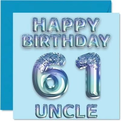 Image of 61st Birthday Card for Uncle Blue Glitter Party Balloons Happy Cards 61 Year Old from Nephew Niece, 145mm x Bday Greeting Gift