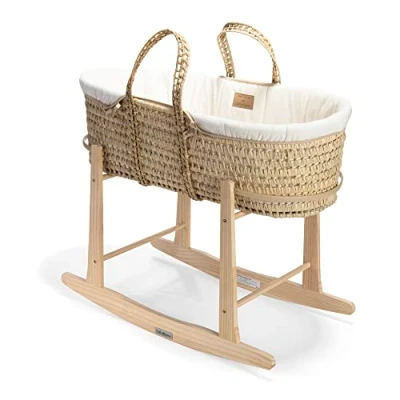 Image of Clair de Lune Organic Palm Moses Basket and Natural Rocking Stand Award Winning Baby Bassinet Basket, Dressing, Bamboo Mattress, Sheet Newborn Essentials (Natural Cream)