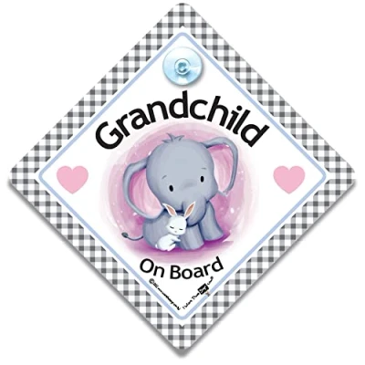 Image of iwantthatsign.com Grandchild on Board Car Sign, Elephant and Rabbit Baby Sign with Suction Cup Attachment for Grandchildren