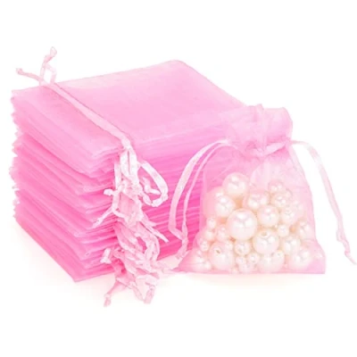 Image of G2PLUS Pink Organza Gift Pouches, 7x9 CM Small Favour Bags, 100 PCS Wedding Jewelry Clear Mesh Pouches Perfect for Wedding, Christmas, Birthday, Anniversary