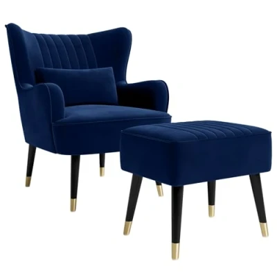 Image of Vesgantti Velvet Armchair with Footstool and Lumbar Pillow, Modern Wing Back Accent Chair Ottoman, Large Occasional for Living Room Bedroom Study Office(Blue)