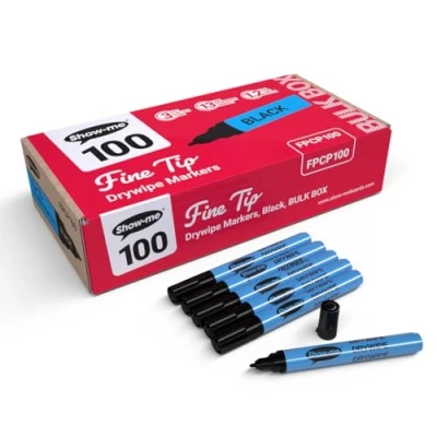 Image of Show Me Whiteboard Pens, Marker Pens For Whiteboard, Long Lasting Markers With Easy Fit Lids, Comfortable &amp; Safe Dry Wipe Anti Splay Nibs Fine, Black, 100PK
