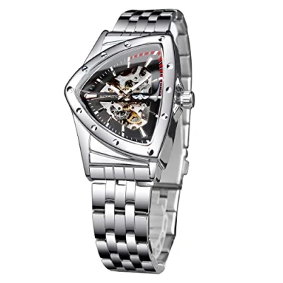 Image of FORSINING Skeleton Watches for Men, Automatic Mechanical Watch with Triangle Dial, Luminous Self Winding Stainless Steel Bracelet or Soft Silicone Strap, Silver t, casual style