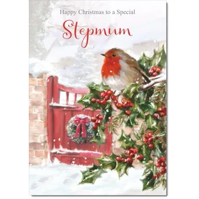 Image of doodlecards Stepmum Christmas Card Robin on Holly Tree Medium Size for with Plain Envelope