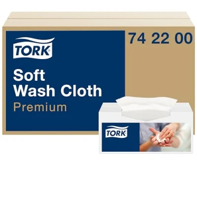 Image of Tork 742200 Premium Disposable Wash Cloth Extra Soft and Durable 1 ply Highly Absorbent Flannel For Patient Care 32 x 30 cm 135 Cloths, White