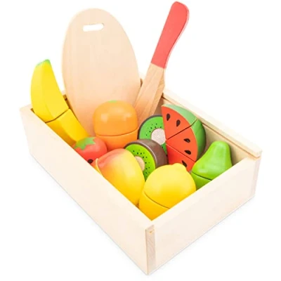 Image of New Classic Toys 10581 Wooden Pretend Play Kids Cutting Meal Fruit Box Simulation Educational Perception Toy for Preschool Age Toddlers Boys Girls, Multi Color, Black