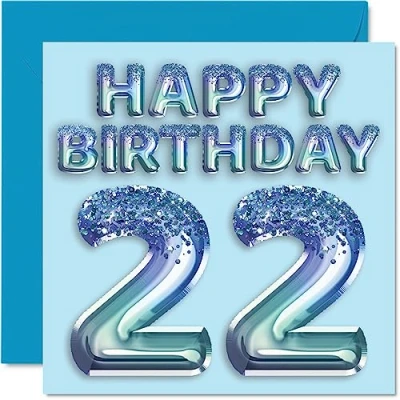 Image of 22nd Birthday Card for Men Blue Glitter Party Balloon Happy Cards 22 Year Old Man Brother Son Nephew Uncle, 145mm x Twenty Two Second Greeting Gift