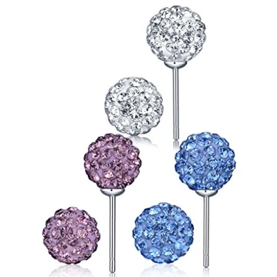 Image of Infinite U 3 Pairs 925 Sterling Silver 8mm White Purple Blue Shamballa Balls Crystal Ear Studs Earring Set for Women/Girls
