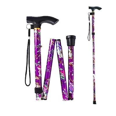 Image of ZHjuju Walking Stick, Adjustable Folding Stick Purple Floral Aluminum Cane Lightweight Comfortable Grip and Durable Aid Easy Height Extendable