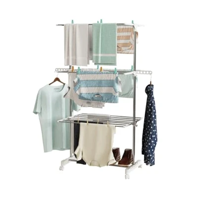 Image of Hyfive Clothes Airer Drying Rack Indoor Horse Laundry Dryer 4 Tier Foldable Space Saving With Shoe For Easy Storage Stainless Steel