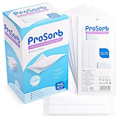 Image of Prosorb Sterile Absorbent Low Adherent Wound Dressing Pads, 10cm x 20cm Pack of 25 Designed for Highly exuding Wounds Including venous ulcers, arterial ulcers and Diabetic ulcers.