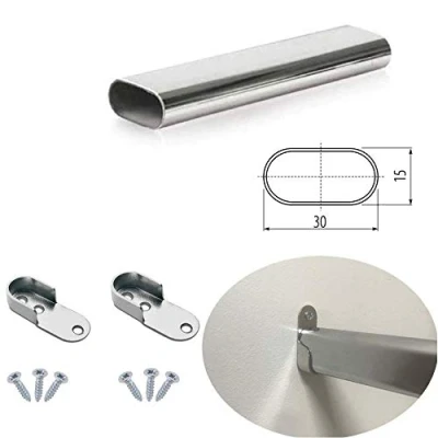 Image of Oval Rail Wardrobe Polished Chrome Hanging Tube Metal Closet Organizer Cut to Size + END SUPPORTS and SCREWS (900mm (0.9m) 35.4″)