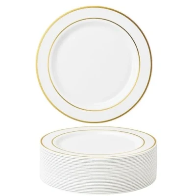 Image of MATANA 25 Premium White Plastic Dinner Plates with Gold Rim, 26cm / 10 Inch Elegant &amp; Reusable Party for Weddings, Birthdays, Picnic, BBQ, Parties