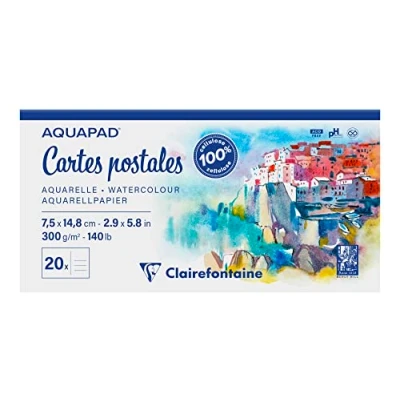 Image of Clairefontaine 975953C Aquapad Postcard Glued Pad 20 Sheets White Watercolor Paper Medium Fine Grain 7.5x14.8 cm 300g Ideal for Globetrotting Artists