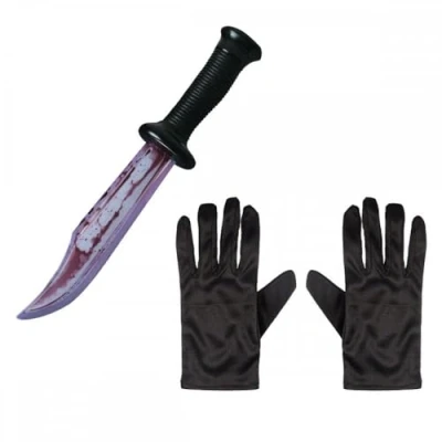 Image of Adult Unisex Official Scream/Ghost Face Bloody Blade + Black Gloves ; Halloween Horror Movie Fancy Dress Accessory Set