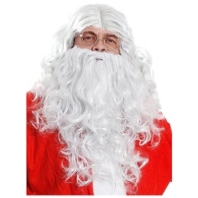 Image of SANTA WIG AND BEARD SET LONG WHITE CURLY FATHER CHRISTMAS + MATCHING ADULTS CHRISMAS FANCY DRESS COSTUME ACCESSORY (ONE SIZE)