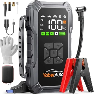 Image of Jump Starter Power Pack with Air Compressor, YaberAuto 5500A Portable Car Battery Booster (All Petrol/10L Diesel), 12V Bank Leads, LCD Screen, Emergency Light