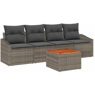 Image of vidaXL 5 Piece Garden Sofa Set with Cushions Grey Poly Rattan Acacia