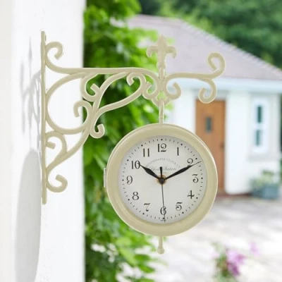 Image of mysmartbuy.com York Station Wall Mounted Quartz Clock &amp; Thermometer Battery Powered Weatherproof Double Sided Indoor Outdoor Home Garden Decoration Cream, H30 x W25 D8.5cm
