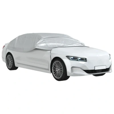 Image of vidaXL Half Car Cover and Hooks Waterproof UV Protection, Sedan Silver M PEVA Triple Layer Material, Windproof, Indoor/Outdoor Use 261x161x63.5 cm