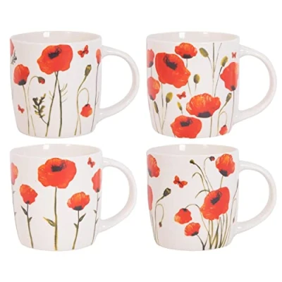 Image of YöL Set Of 4 Poppy Floral Design Mugs New Bone China Coffee Tea Cups 350ml Home Kitchen Mug