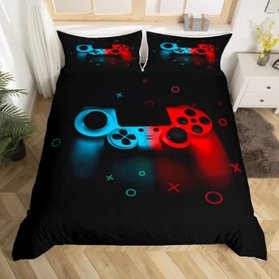 Image of Boys&amp;girls Gamepad Comforter Cover Single Size,Play Gamer Bedding Set Kids Young Man Video Games Duvet for Teen Child Game Room Decor Black Classic Retro Gaming Quilt w Controller Button