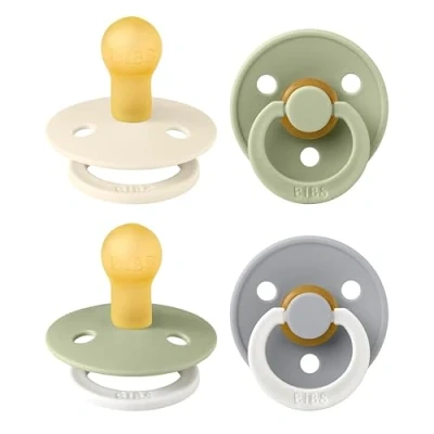 Image of BIBS Colour Soother 4 Pack, BPA Free Dummy Pacifier, Round Nipple. Natural Rubber Latex, Made in Denmark. 0 6 Months (Pack of 4), Sage Glow Mix