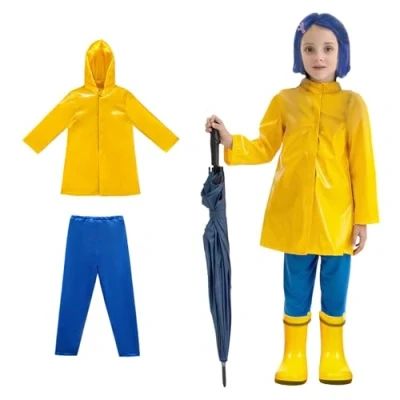 Image of animacoser Coraline Costume Kids Yellow Raincoat and Blue Pants Set Halloween Cosplay Accessories Merchandise (7 9 years)