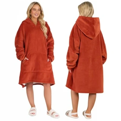 Image of Sienna Hoodie Blanket Ultra Soft Sherpa Fleece Warm Comfy Cosy Oversized Wearable Giant Sweatshirt Throw for Women Girls Adults Men Boys Kids Big Pocket Rust Orange