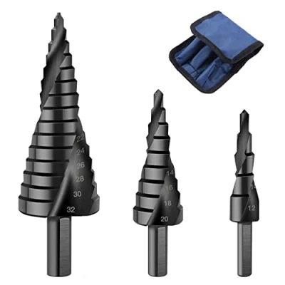 Image of Spiral Step Drill Bit, Titanium Nitride Coating High Speed Steel, 3pcs Black 4 12mm/4 20mm/4 32mm Triangle Round Shank Groove Cone, Drilling Tools