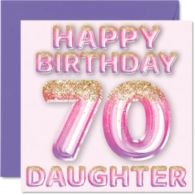 Image of 70th Birthday Card for Daughter Pink &amp; Purple Glitter Balloons Happy Cards 70 Year Old from Mum Dad Parents, 145mm x Bday Greeting Gift