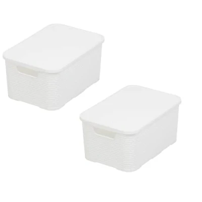 Image of BranQ Home essential Basket with Lid in Rattan Design, Set of 2, Size M, 19 L, BPA Free Plastic PP, White, 28.8 x 19.7 16.2 cm, Pack 2