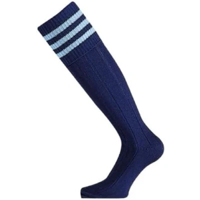 Image of Mitre Junior Mercury 3 Stripe Football Socks Team Kit Lightweight Long Sock Breathable Sports Sock, Navy/Sky Blue, (3 UK 6 UK)