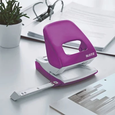 Image of Leitz Hole Punch, 30 Sheets, Guide Bar with Format Markings, Metal, WOW Range, 50081062 Purple