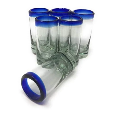 Image of Hand Blown Mexican Tequila Shot Glasses Set of 6 Cobalt Blue Rim (2 oz each)
