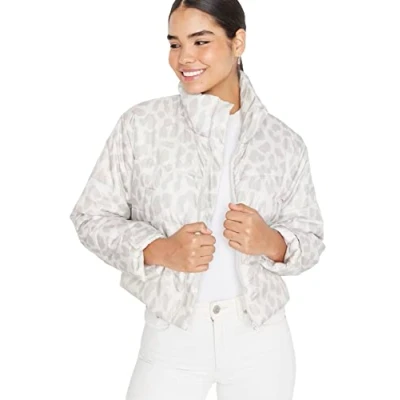 Image of Trendyol Women&#039;s Lapel Collar Animal Print Oversize Winter Jacket Coat, Grey Multicolor, L