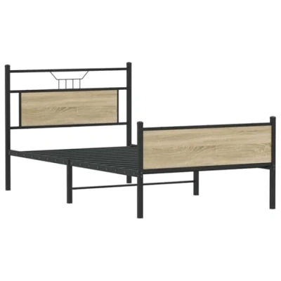 Image of vidaXL Modern Single bed Frame without Mattress Sonoma Oak Finish, Engineered Wood and Steel Design for Bedroom, 100x190 cm with Headboard, Footboard, Under Storage