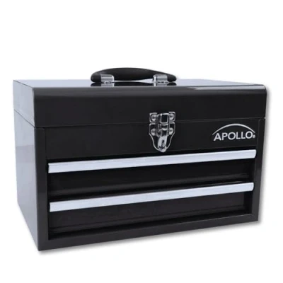 Image of Apollo Tools 14 Inch Steel Tool Box With Deep Top Compartment and 2 Drawers in Heavy Duty Ball Bearing Opening Powder Coated Finish Black DT5010