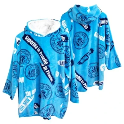 Image of Character World Manchester City Oversized Wearable Fleece Blanket Super Warm &amp; Cosy All Over Crest Pattern Design Premium Sherpa Lined Perfect for Kids Aged 7 12 Years, Suggested Height 75cm+