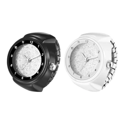 Image of JewelryWe Unisex Finger Ring Watch: Men Women Black White Elastic Stretchable Band Arabic Numerals Round Dial Stainless Steel Quartz Watches