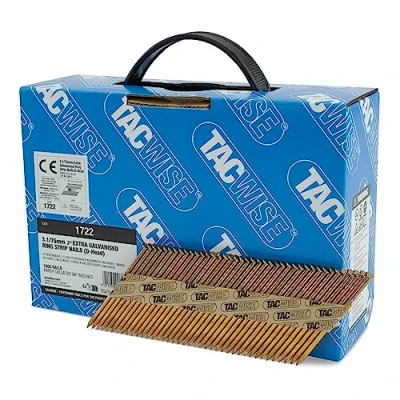 Image of TACWISE 1722 Extra Galvanised Framing Nails 3.1/75 mm, D Head, Ring Shank, 34 Inclined, Paper Collated, Pack of 1600